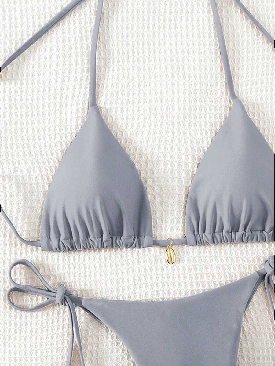 Swim Chiccia Women Spring Break Summer Beach Solid Color Halter Tie Sexy Bikini Swimsuit Set
