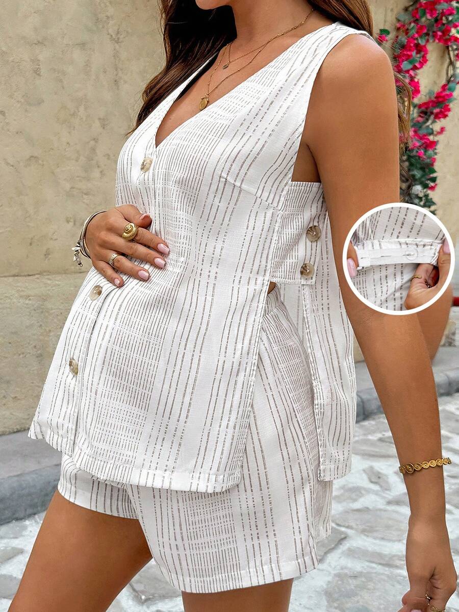 Maternity V-Neck Button-Down Camisole and Mini Shorts Set - Khaki Striped Woven Two-Piece Summer Vacation Outfit