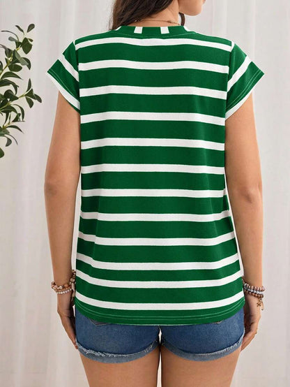 Navy Blue Striped Maternity T-Shirt - Loose Fit Batwing Sleeve Round Neck Summer Top - Casual Knitted Cap Sleeve Pregnancy Shirt