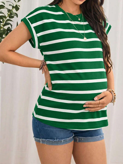 Maternity Short Sleeve Striped T-Shirt, Minimalist & Stylish, Suitable For Summer
