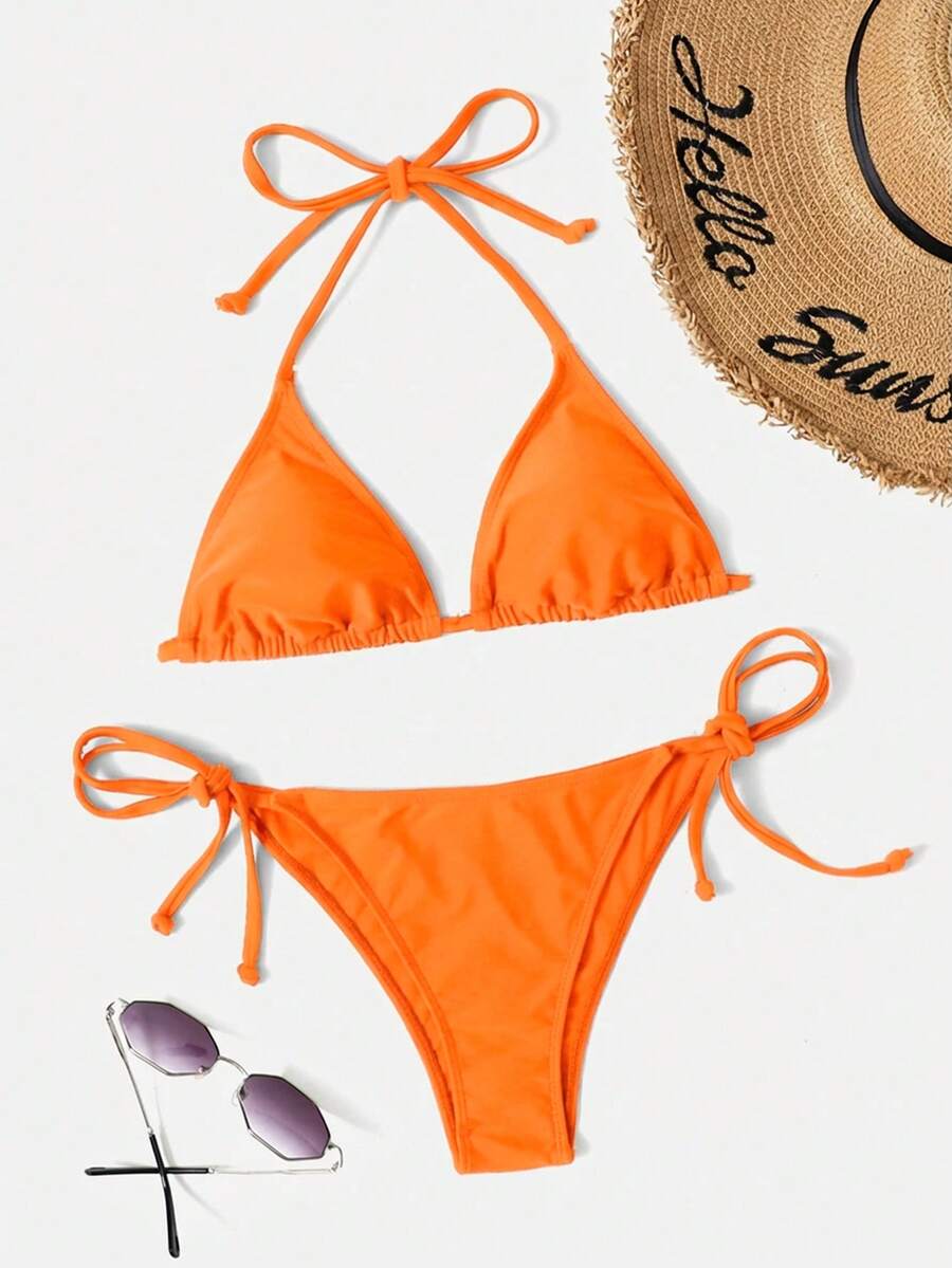 Women's Plain Halter Bikini Set - Knot Detail, Tie Side, Triangle Cup, Navy Blue