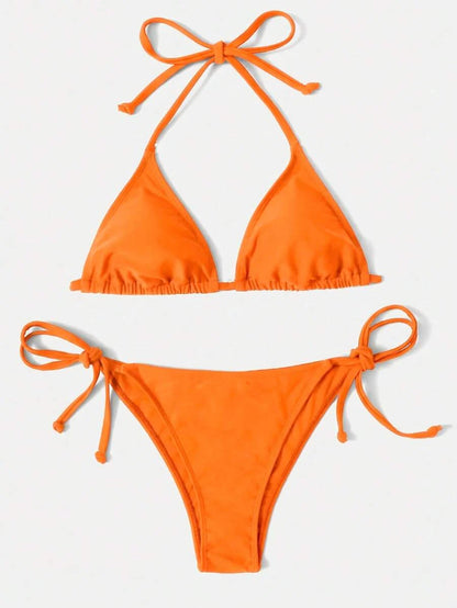 Women's Plain Halter Bikini Set - Knot Detail, Tie Side, Triangle Cup, Navy Blue