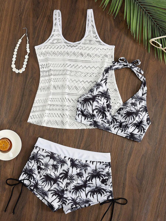 Swim Vcay Deep V Coconut Tree Print Shorts, Paired With Hollow Out Knit Cover Up & Spaghetti Strap Crop Top Bikini 3-Piece Set, Beach Outfit For Women, Holiday, New Year,