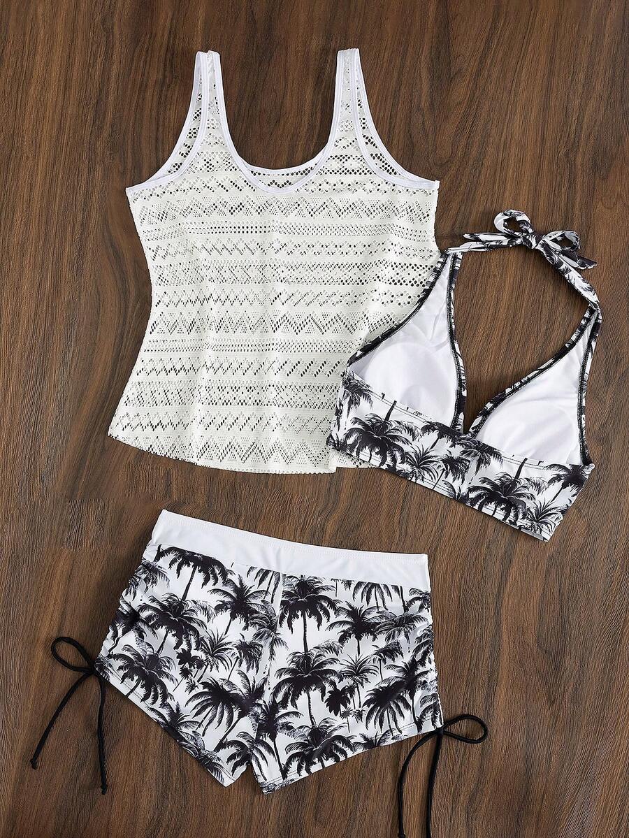 Swim Vcay Deep V Coconut Tree Print Shorts, Paired With Hollow Out Knit Cover Up & Spaghetti Strap Crop Top Bikini 3-Piece Set, Beach Outfit For Women, Holiday, New Year,