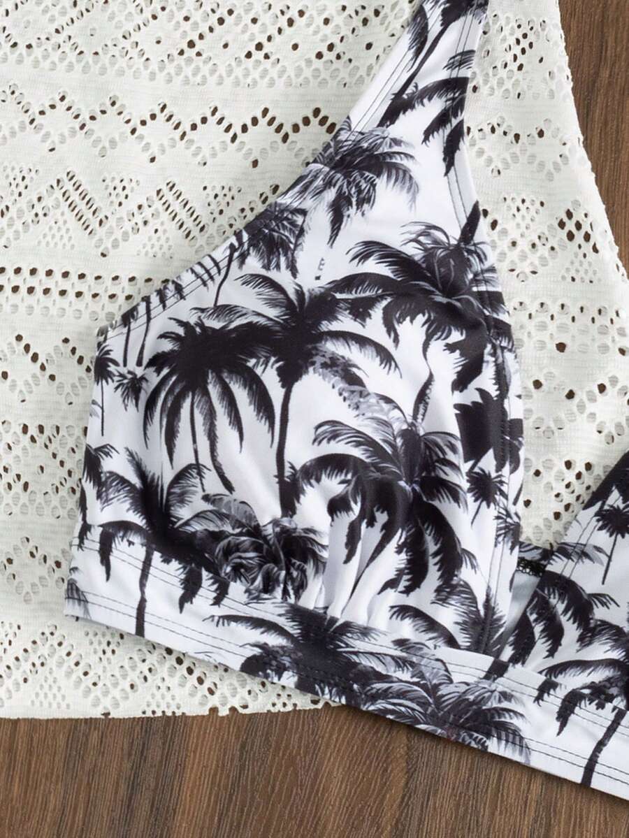 Swim Vcay Deep V Coconut Tree Print Shorts, Paired With Hollow Out Knit Cover Up & Spaghetti Strap Crop Top Bikini 3-Piece Set, Beach Outfit For Women, Holiday, New Year,
