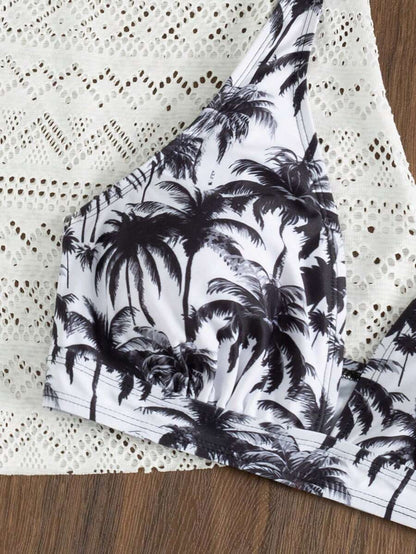 Swim Vcay Deep V Coconut Tree Print Shorts, Paired With Hollow Out Knit Cover Up & Spaghetti Strap Crop Top Bikini 3-Piece Set, Beach Outfit For Women, Holiday, New Year,