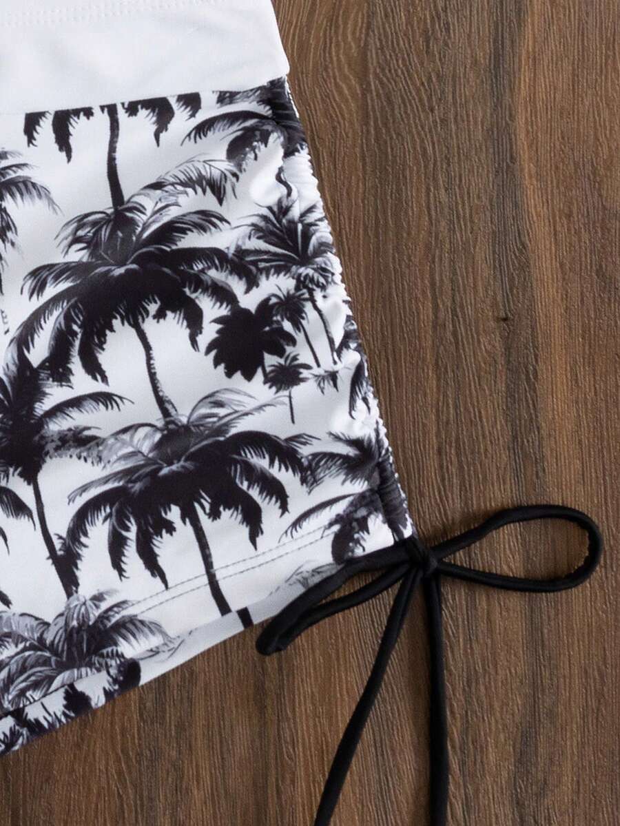 Swim Vcay Deep V Coconut Tree Print Shorts, Paired With Hollow Out Knit Cover Up & Spaghetti Strap Crop Top Bikini 3-Piece Set, Beach Outfit For Women, Holiday, New Year,