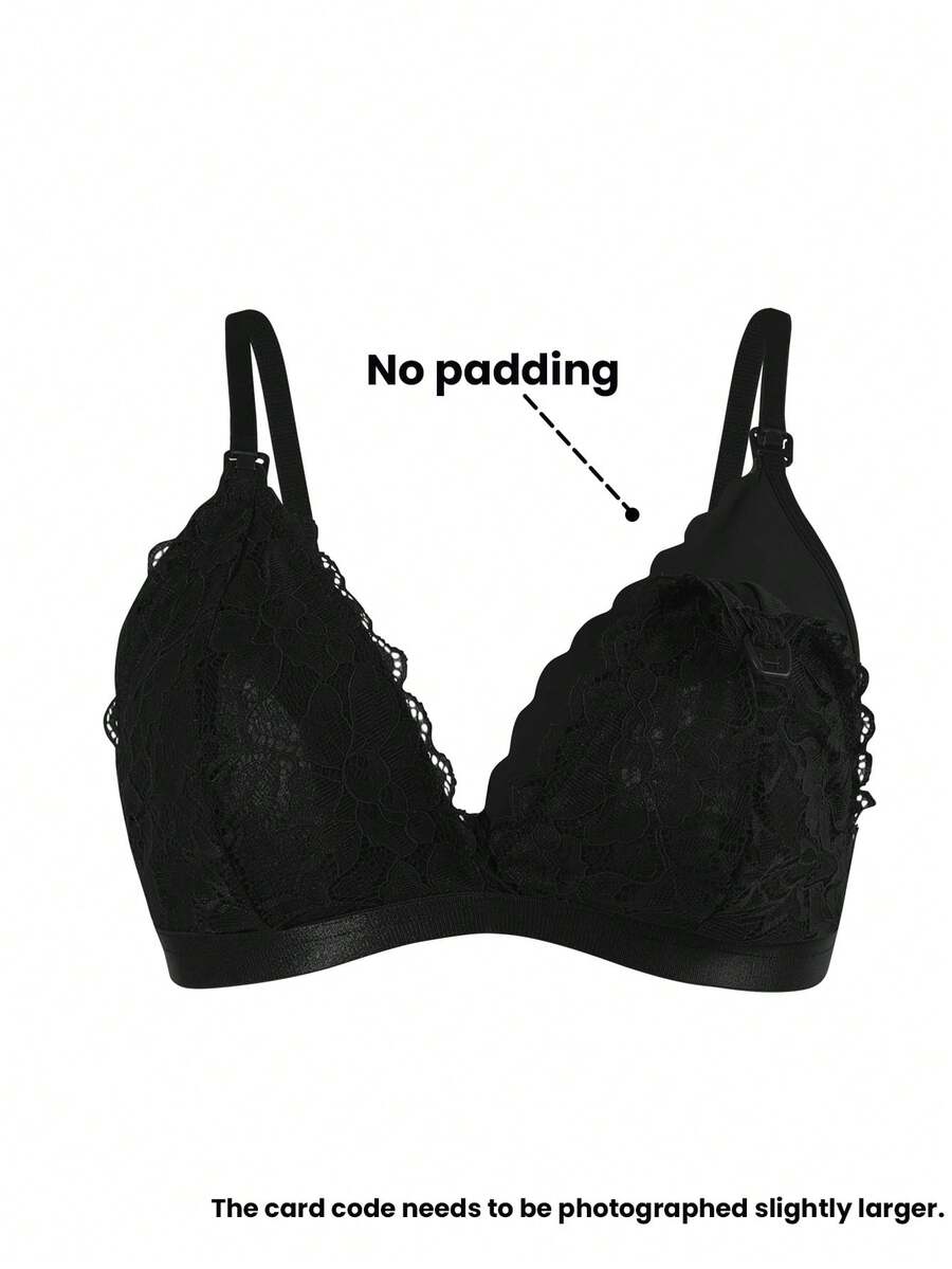 Maternity Black Lace Nursing Bra - Wireless Soft Knit Comfort Bralette with Adjustable Straps and Medium Stretch