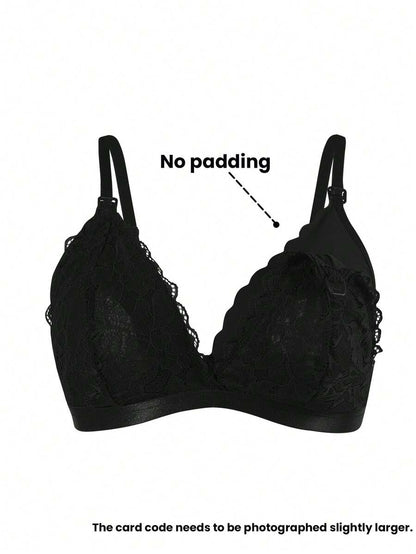 Maternity Black Lace Nursing Bra - Wireless Soft Knit Comfort Bralette with Adjustable Straps and Medium Stretch