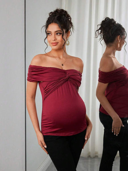 Maternity Twist Off Shoulder Tee - Off Shoulder, Short Sleeve, Slim Fit, Medium Stretch, Burgundy