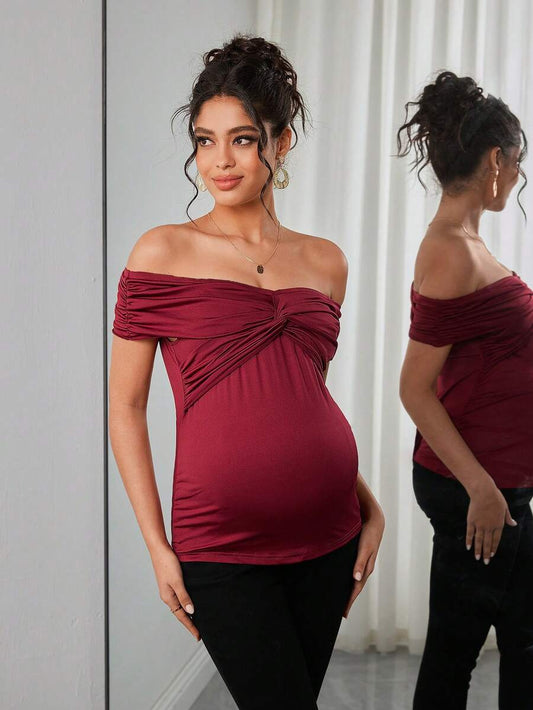 Maternity Twist Off Shoulder Tee - Off Shoulder, Short Sleeve, Slim Fit, Medium Stretch, Burgundy