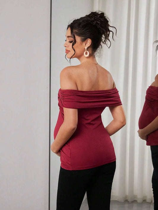 Maternity Twist Off Shoulder Tee - Off Shoulder, Short Sleeve, Slim Fit, Medium Stretch, Burgundy