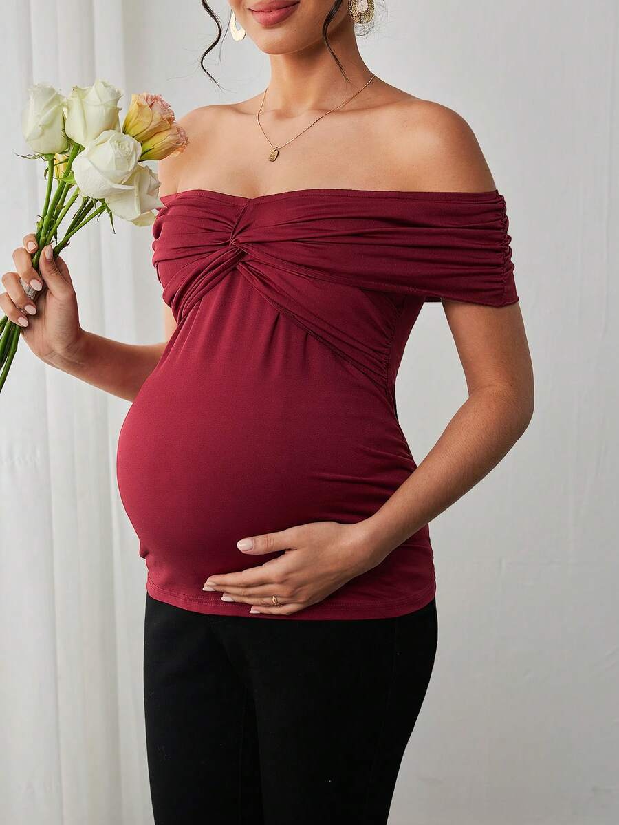 Maternity Twist Off Shoulder Tee - Off Shoulder, Short Sleeve, Slim Fit, Medium Stretch, Burgundy