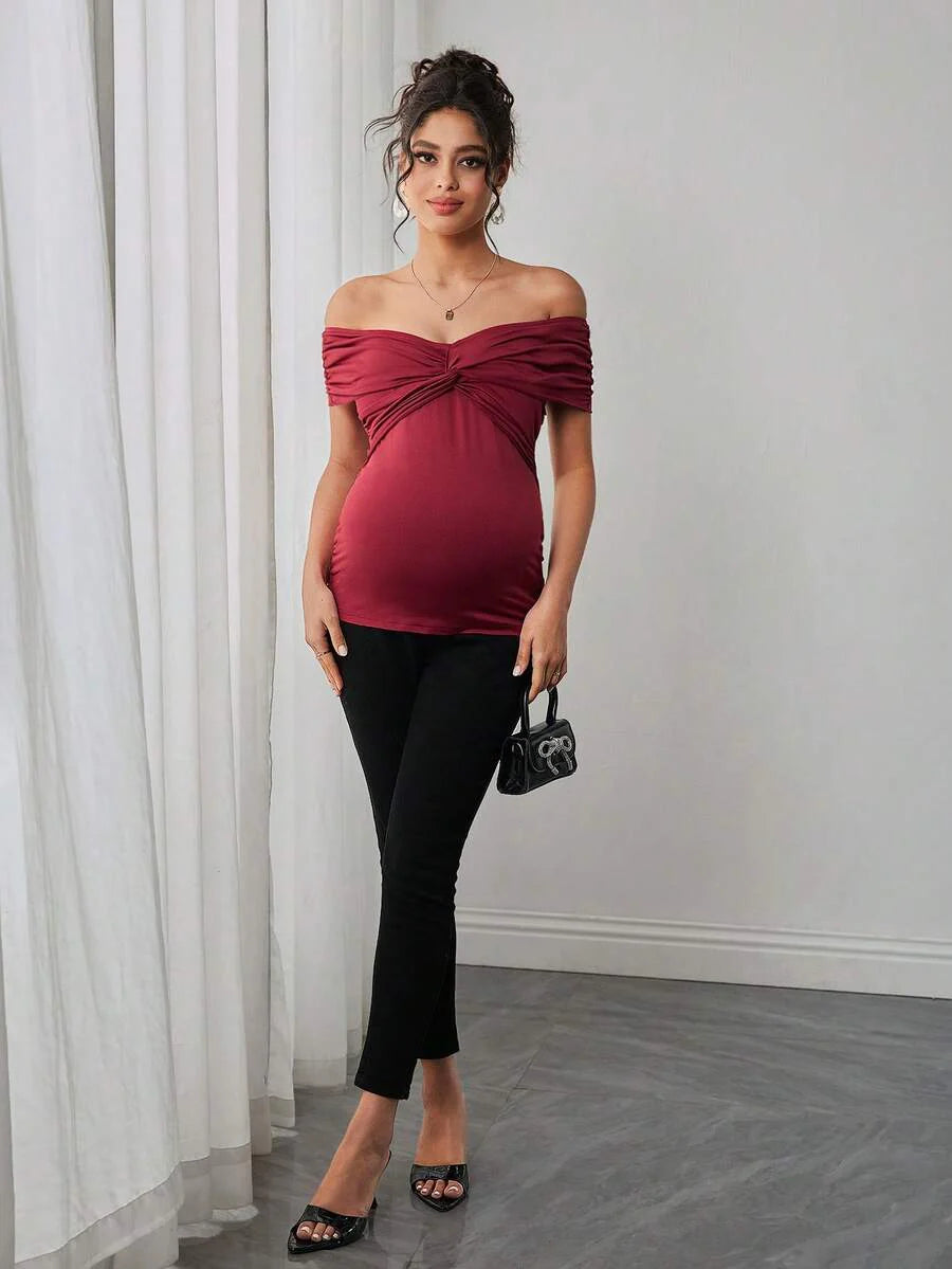 Maternity Twist Off Shoulder Tee - Off Shoulder, Short Sleeve, Slim Fit, Medium Stretch, Burgundy