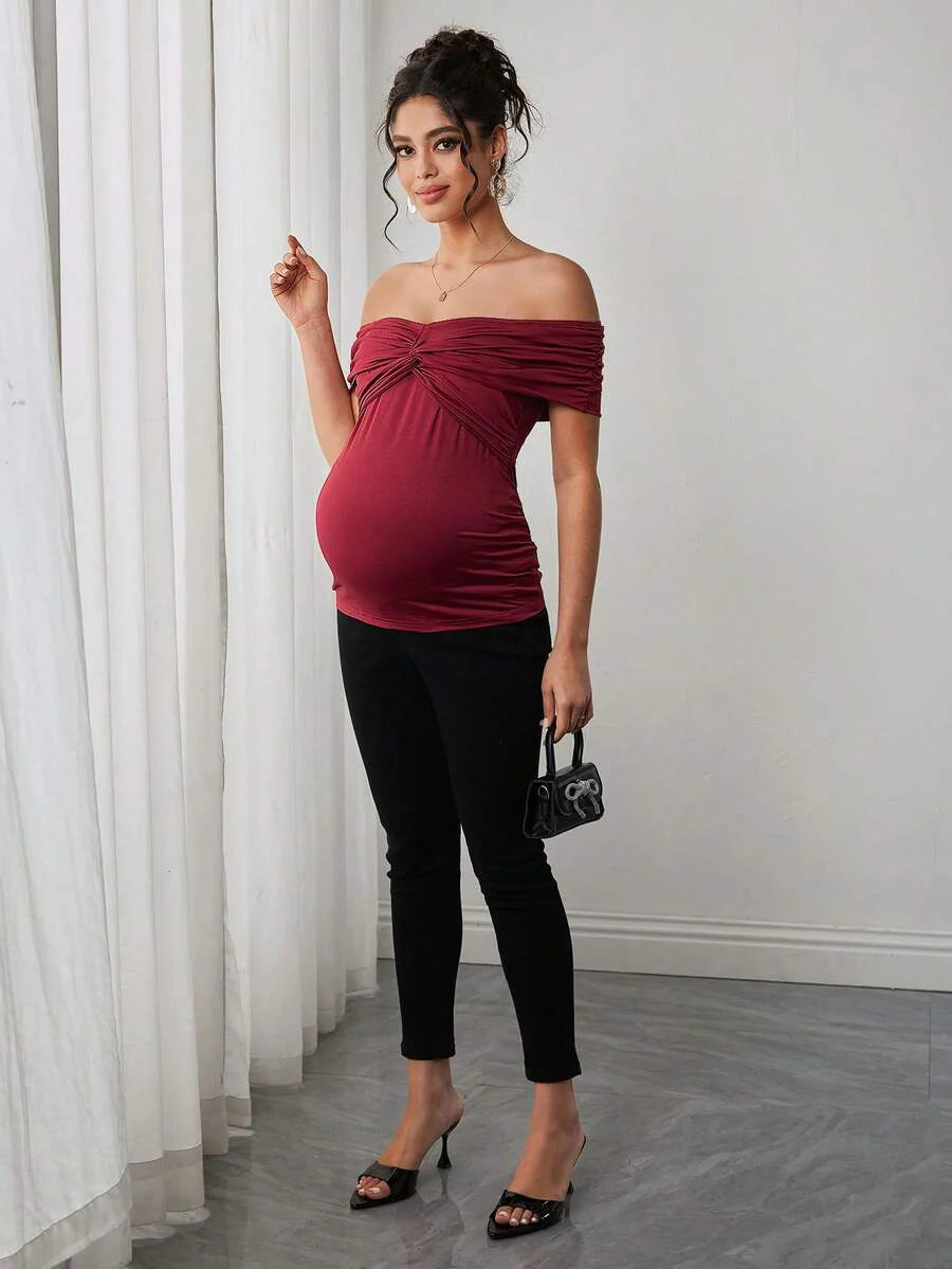 Maternity Twist Off Shoulder Tee - Off Shoulder, Short Sleeve, Slim Fit, Medium Stretch, Burgundy