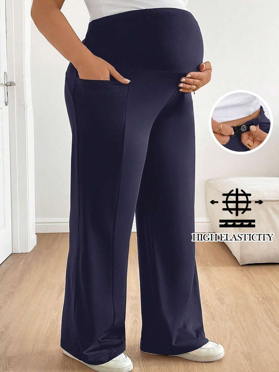 Plus Size Maternity Wide Leg Pants - Adjustable Ultra High Waist, Army Green