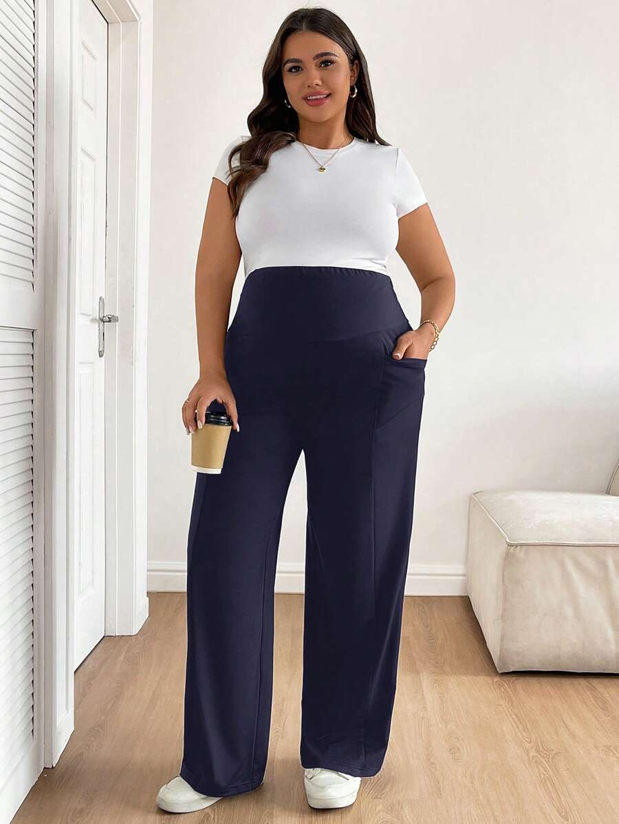 Plus Size Maternity Wide Leg Pants - Adjustable Ultra High Waist, Army Green