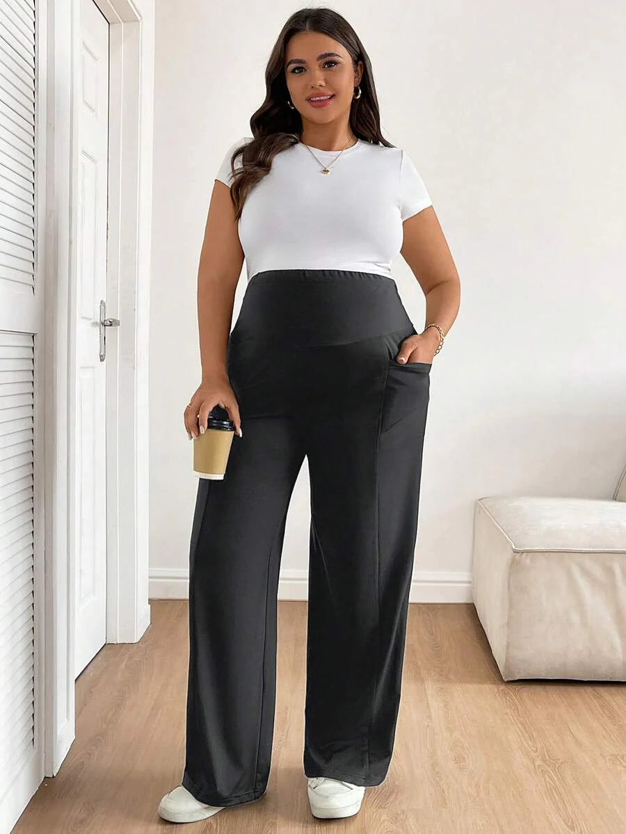 Plus Size Maternity Wide Leg Pants - Adjustable Ultra High Waist, Army Green