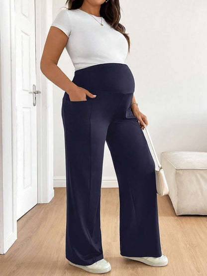 Plus Size Maternity Wide Leg Pants - Adjustable Ultra High Waist, Army Green
