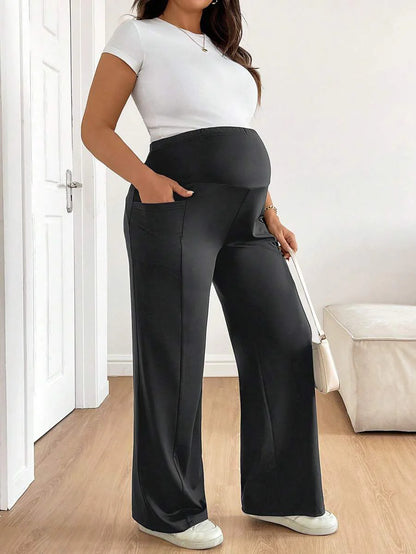Plus Size Maternity Wide Leg Pants - Adjustable Ultra High Waist, Army Green