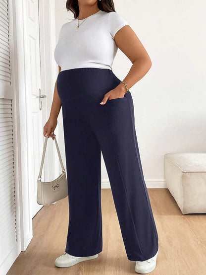 Plus Size Maternity Wide Leg Pants - Adjustable Ultra High Waist, Army Green