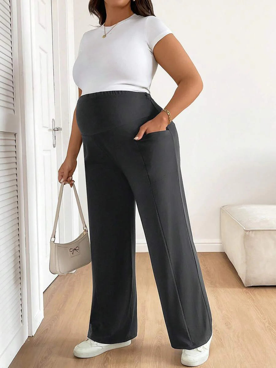 Plus Size Maternity Wide Leg Pants - Adjustable Ultra High Waist, Army Green