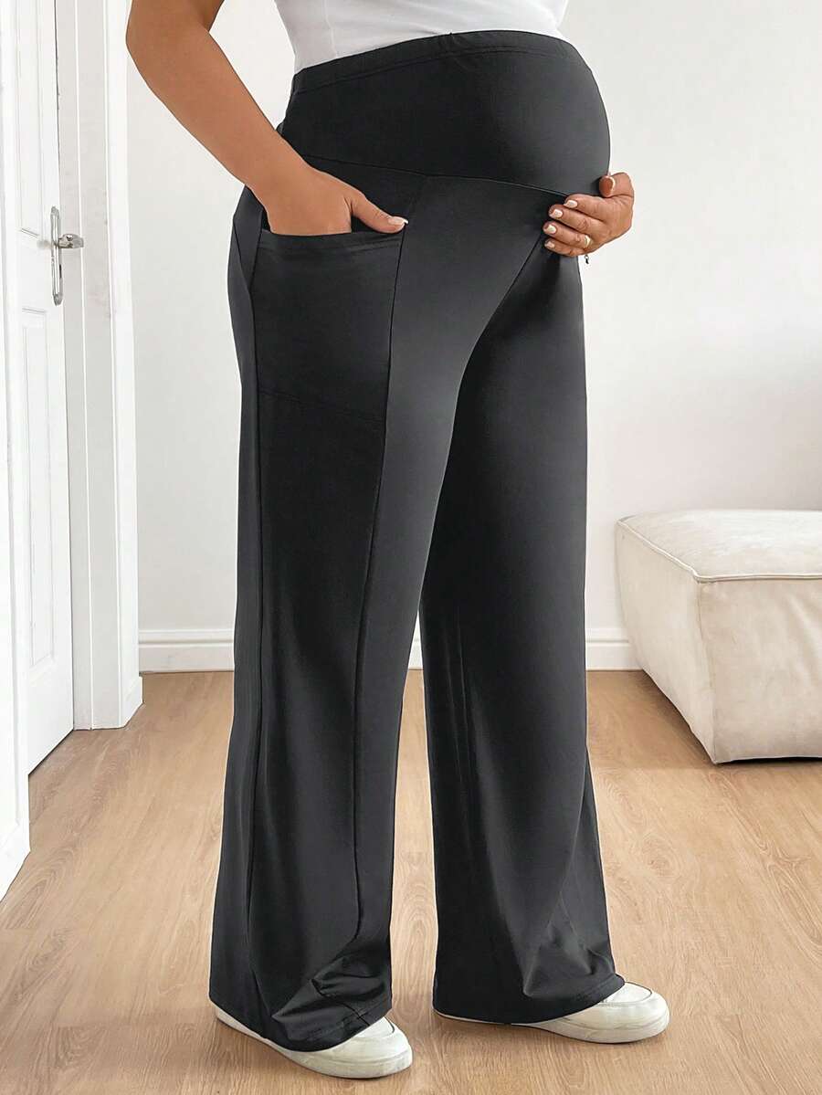 Plus Size Maternity Wide Leg Pants - Adjustable Ultra High Waist, Army Green