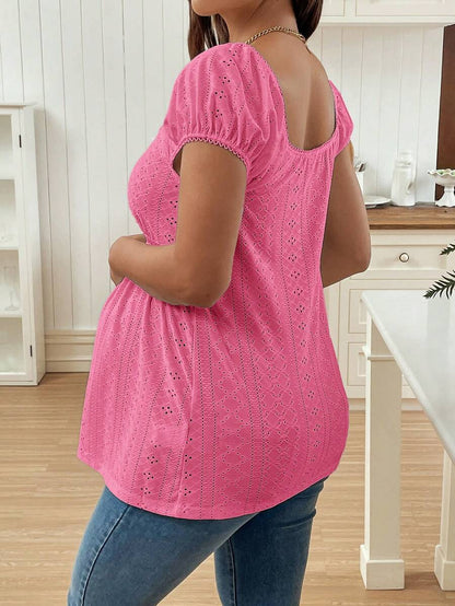 Maternity Square Neck Top - Puff Long Sleeve, Flared Hem, Regular Fit, Red