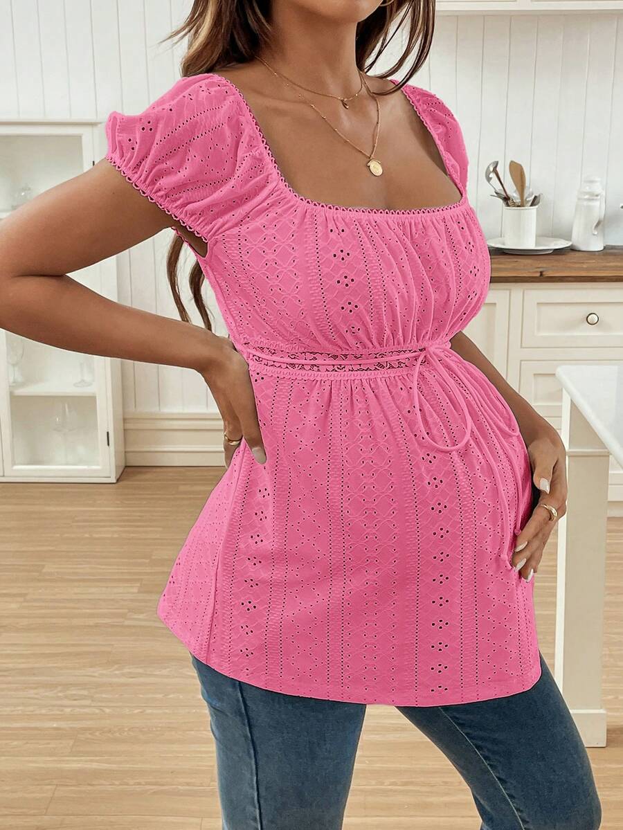Maternity Square Neck Top - Puff Long Sleeve, Flared Hem, Regular Fit, Red