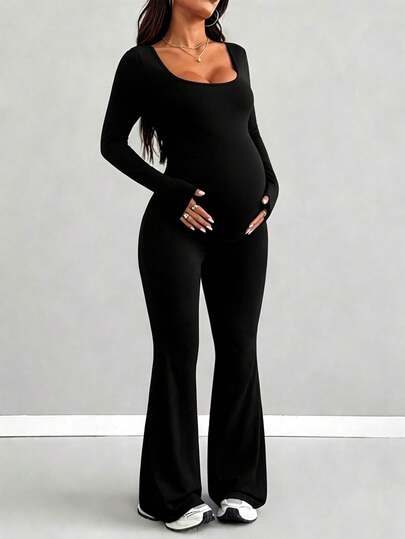 Maternity Long Sleeve Jumpsuit, Tight & Comfortable Casual Outfit
