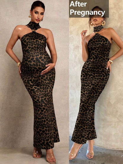 MaterniChic Maternity Clothes Dress Pregnant Women's Fashionable Party Banquet Leopard Print Bodycon Halter Summer Baby Shower Elegant Black