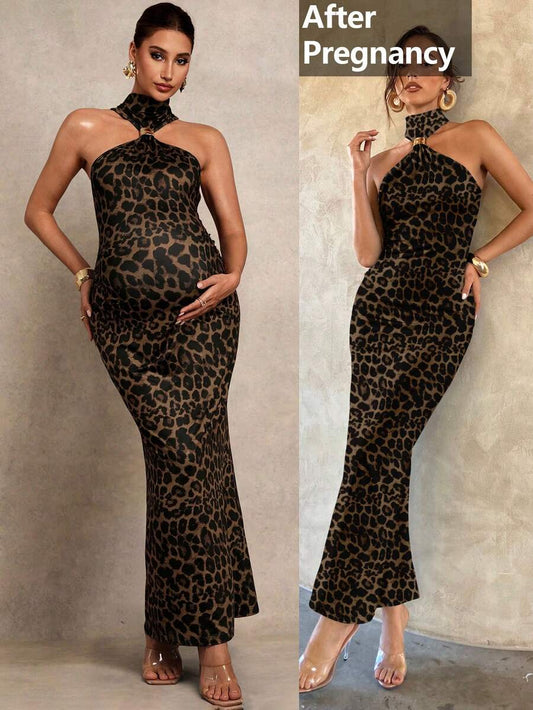 MaterniChic Maternity Clothes Dress Pregnant Women's Fashionable Party Banquet Leopard Print Bodycon Halter Summer Baby Shower Elegant Black
