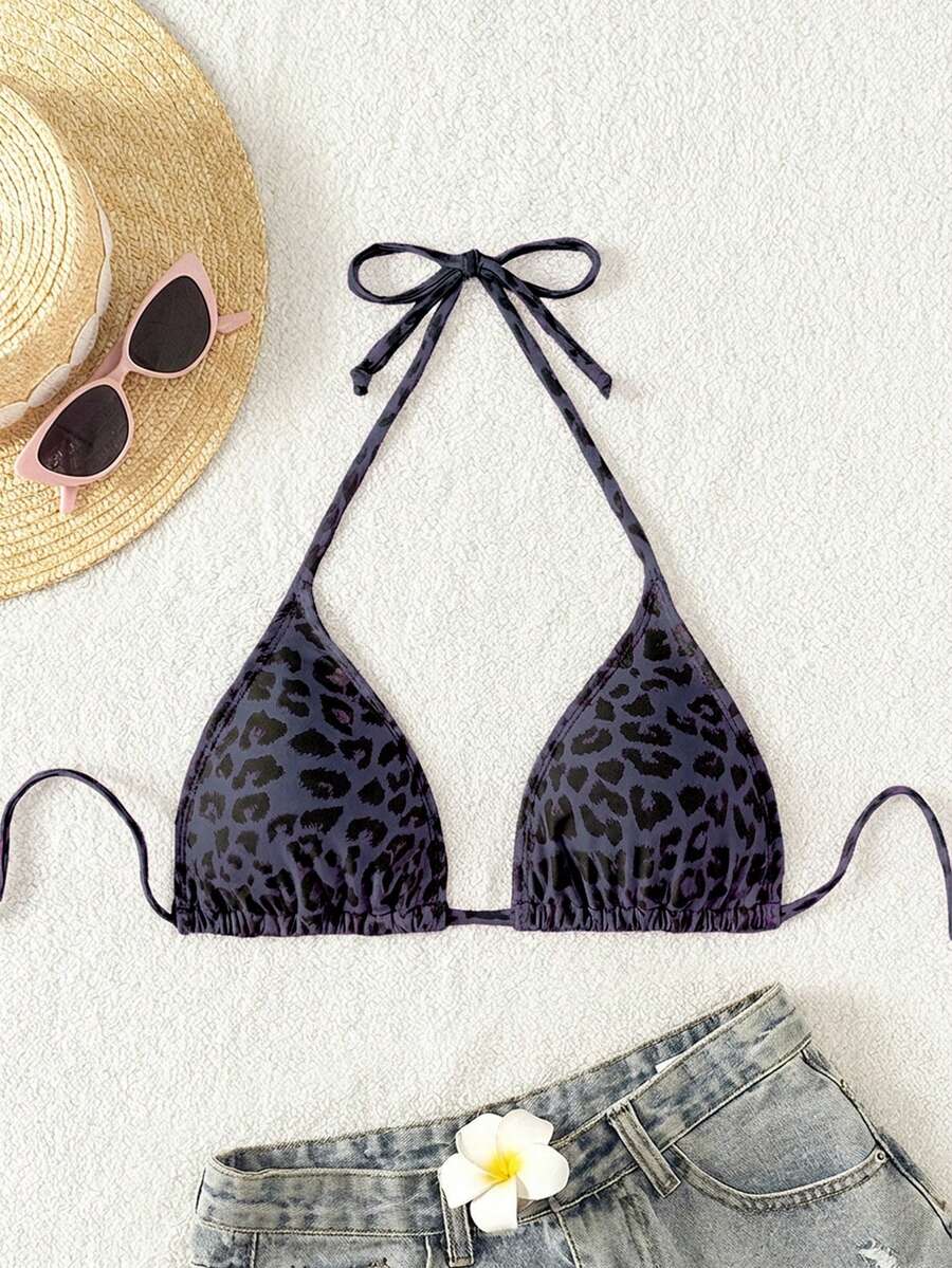 Swim Vcay 1pc Women's Leopard Print Halter Bikini Top For Summer Beach Vacation
