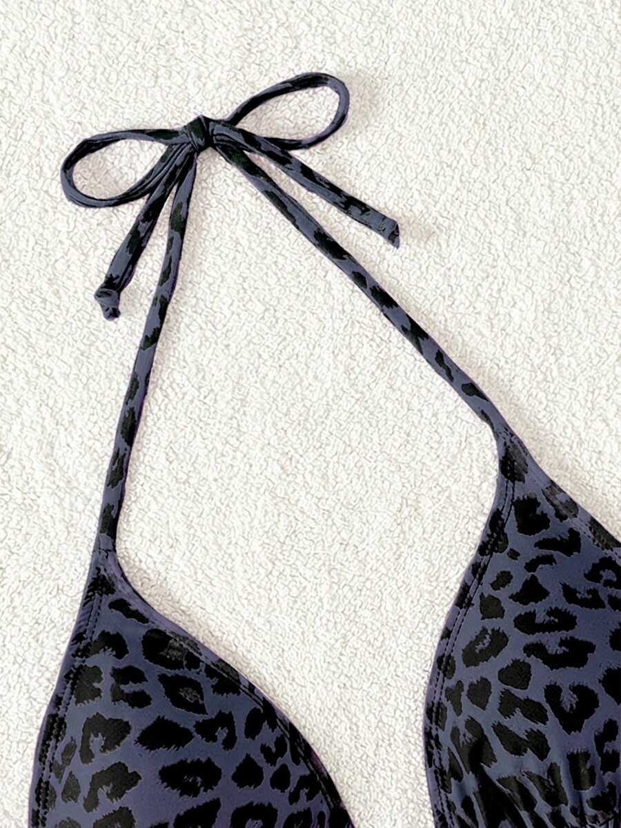 Swim Vcay 1pc Women's Leopard Print Halter Bikini Top For Summer Beach Vacation