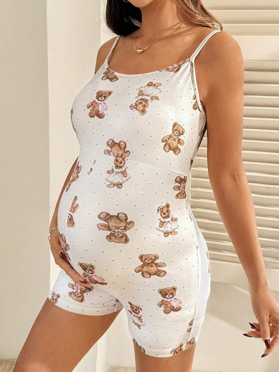 Maternity Summer Casual Polka Dot Bear Print Sleeveless Jumpsuit Cute