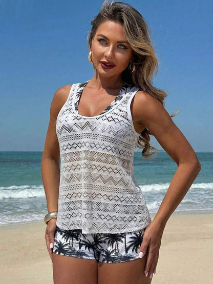 Swim Vcay Deep V Coconut Tree Print Shorts, Paired With Hollow Out Knit Cover Up & Spaghetti Strap Crop Top Bikini 3-Piece Set, Beach Outfit For Women, Holiday, New Year,