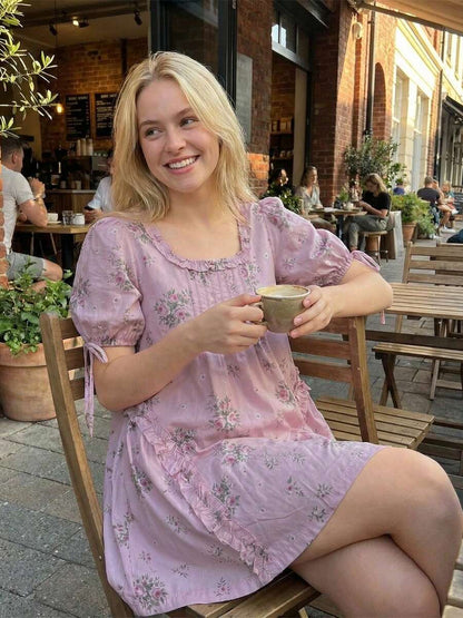 Yellow Polka Dot Maternity Smock Dress with Puff Sleeves and Ruffle Trim - Loose High Waist Summer Beach Mini Dress