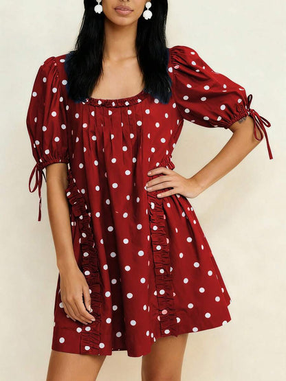 Yellow Polka Dot Maternity Smock Dress with Puff Sleeves and Ruffle Trim - Loose High Waist Summer Beach Mini Dress
