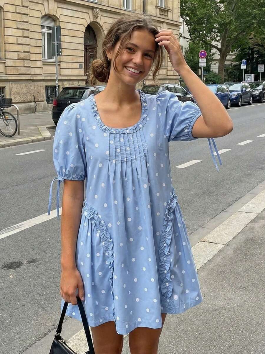 Yellow Polka Dot Maternity Smock Dress with Puff Sleeves and Ruffle Trim - Loose High Waist Summer Beach Mini Dress