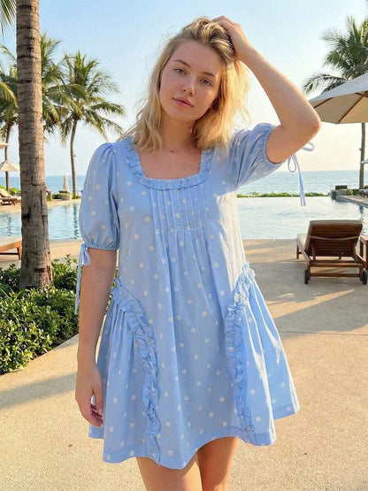 Yellow Polka Dot Maternity Smock Dress with Puff Sleeves and Ruffle Trim - Loose High Waist Summer Beach Mini Dress