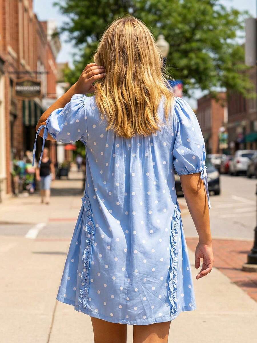 Yellow Polka Dot Maternity Smock Dress with Puff Sleeves and Ruffle Trim - Loose High Waist Summer Beach Mini Dress