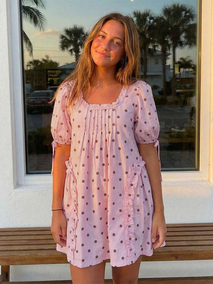 Yellow Polka Dot Maternity Smock Dress with Puff Sleeves and Ruffle Trim - Loose High Waist Summer Beach Mini Dress