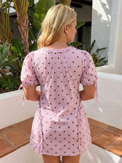 Yellow Polka Dot Maternity Smock Dress with Puff Sleeves and Ruffle Trim - Loose High Waist Summer Beach Mini Dress