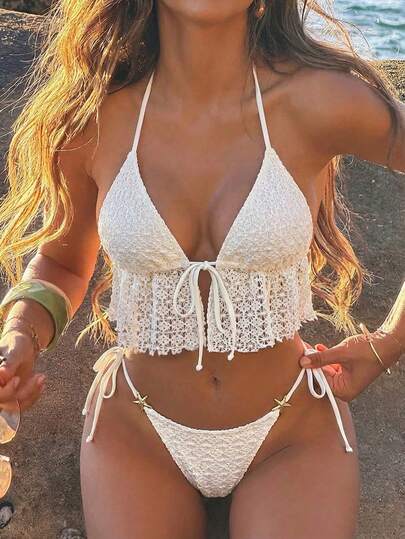 Swim Vcay Women's Spring/Summer Jacquard Fabric Spaghetti Strap Tie-Front Metal Decor Cami Bikini Top