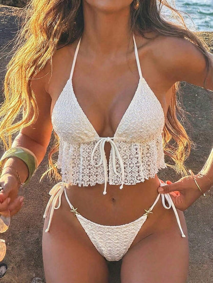 Swim Vcay Women's Spring/Summer Jacquard Fabric Spaghetti Strap Tie-Front Metal Decor Cami Bikini Top