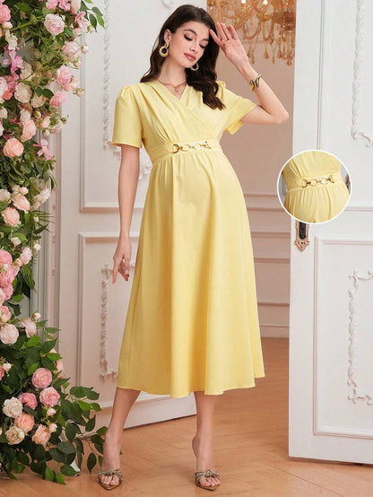 Maternity Elegant A-Line Dress - V Neck, Short Sleeve, Shirred, Flared Hem, Baby Blue