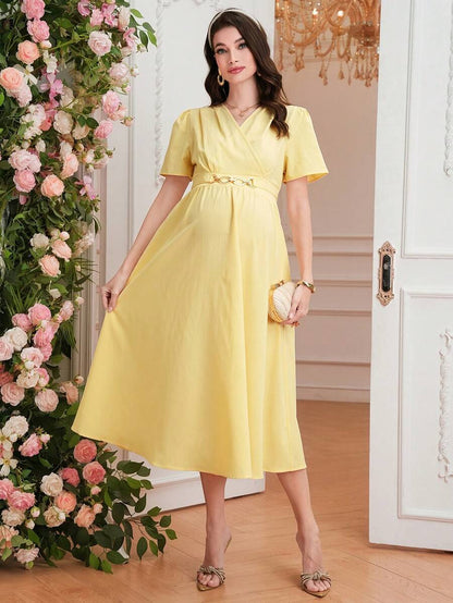 Maternity Elegant A-Line Dress - V Neck, Short Sleeve, Shirred, Flared Hem, Baby Blue
