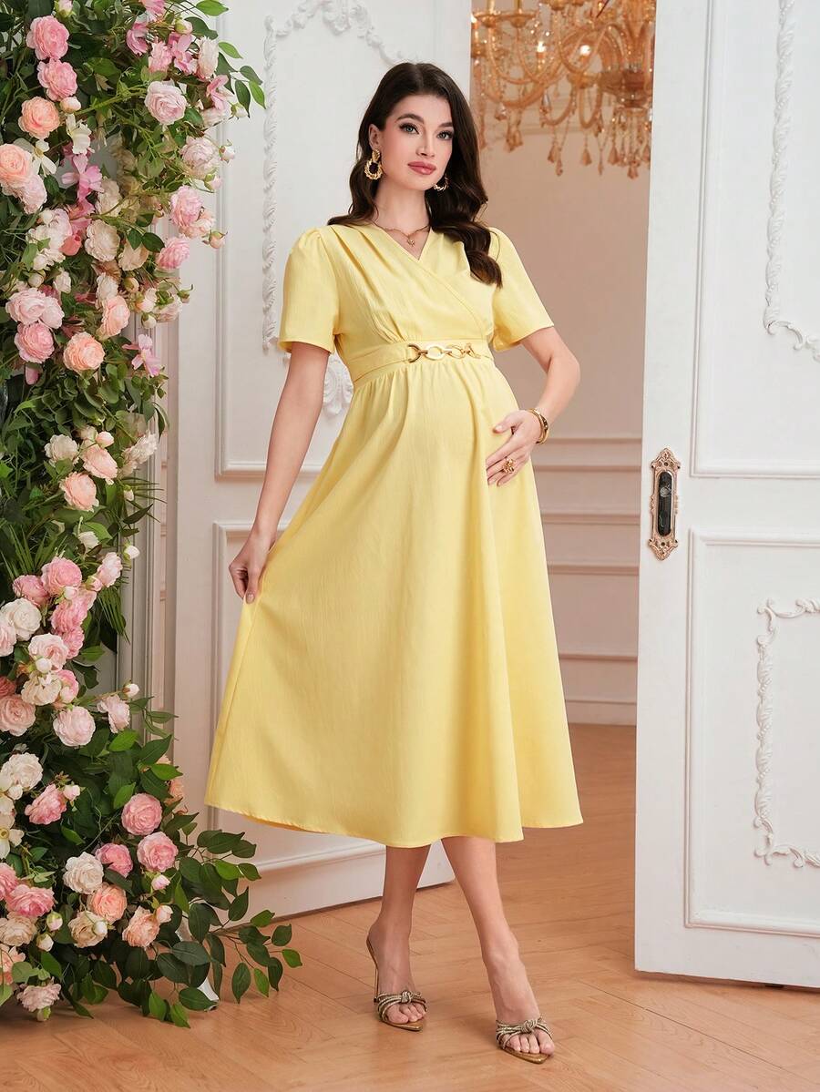 Maternity Elegant A-Line Dress - V Neck, Short Sleeve, Shirred, Flared Hem, Baby Blue