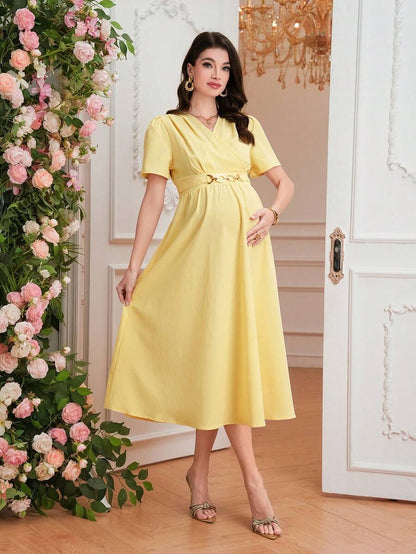 Maternity Elegant A-Line Dress - V Neck, Short Sleeve, Shirred, Flared Hem, Baby Blue