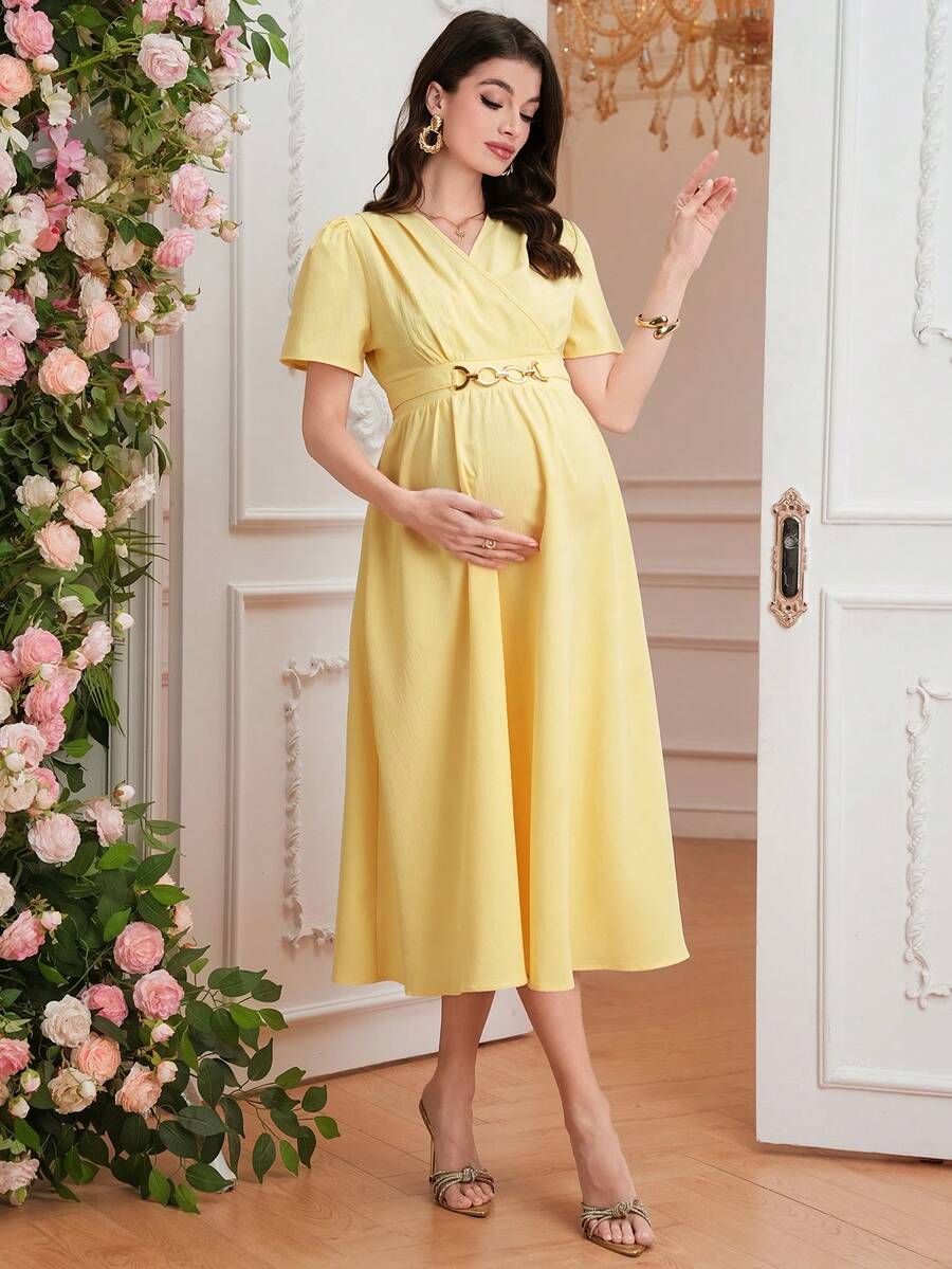 Maternity Elegant A-Line Dress - V Neck, Short Sleeve, Shirred, Flared Hem, Baby Blue